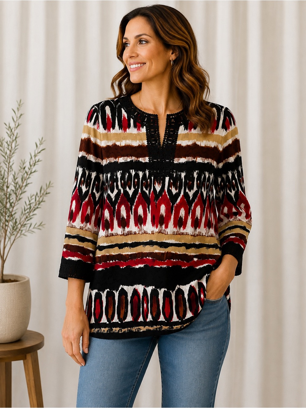 Alfred Dunner Size 14 Boho Abstract Print 100% Cotton Crochet Trim Tunic Top